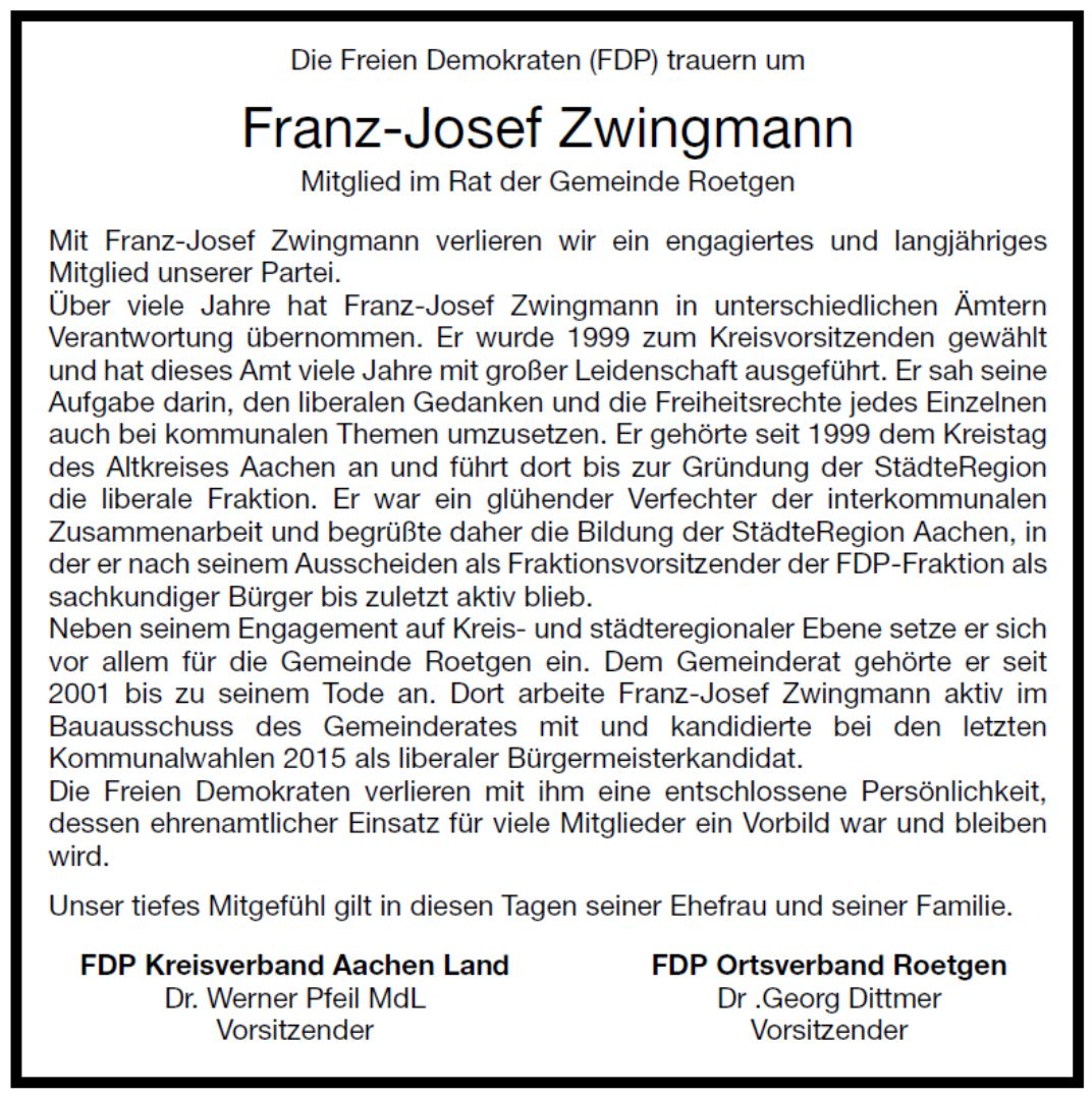 Die Freien Demokraten trauern um Franz-Josef Zwingmann