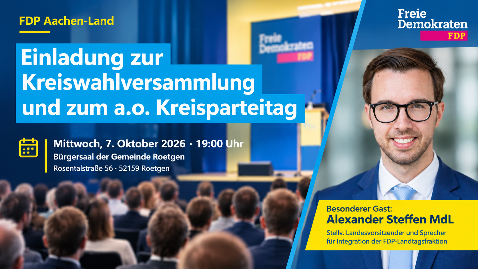 Einladung zur Kreiswahlversammlung und zum außerordentlichen Kreisparteitag der FDP Aachen-Land am 7. Oktober 2026