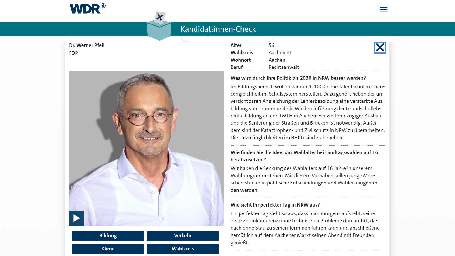 Werner Pfeil beim WDR Kandidatencheck